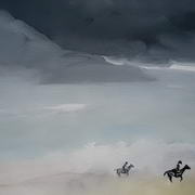 Riders On A Beach, Chalk, gouache and ink-pencil on paper, 40x48cms by Leo de Freyne